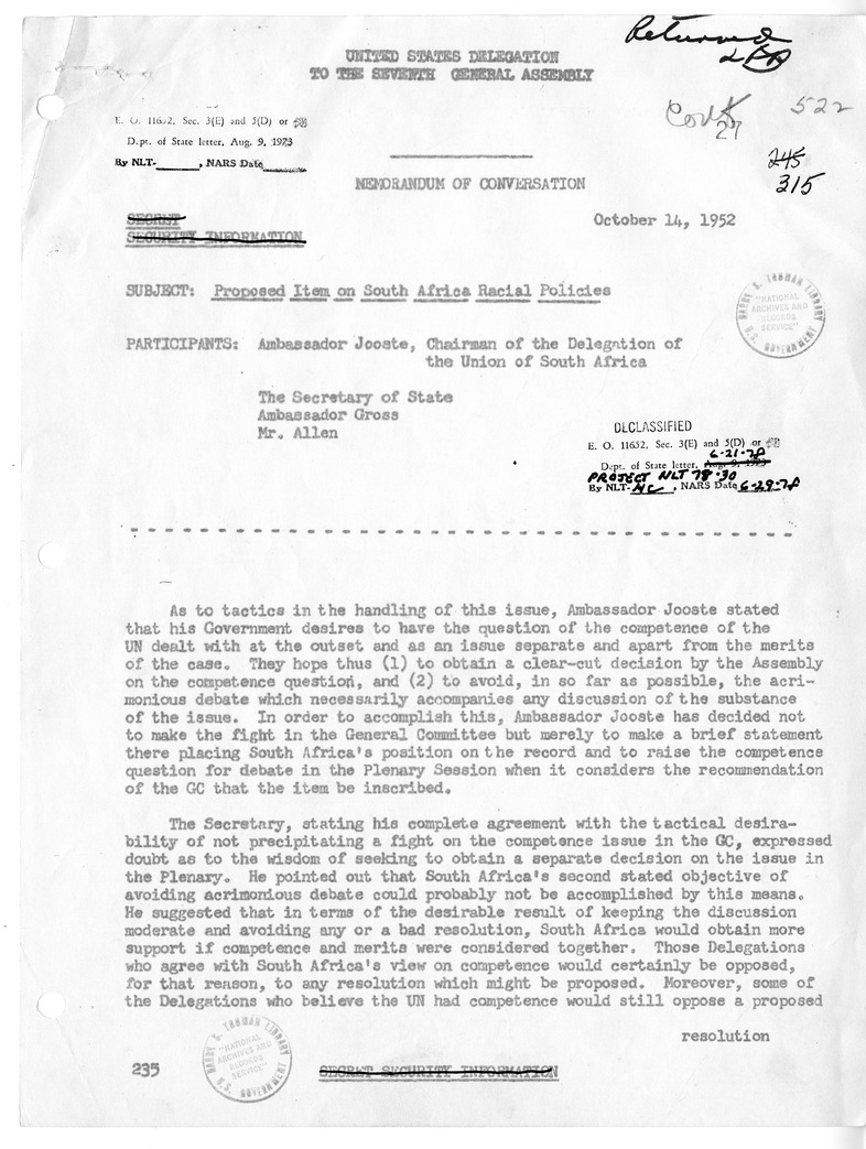 Memorandum of Conversation with Ambassador G. P. Jooste of South Africa, Ambassador at Large Ernest Gross, and Ward P. Allen