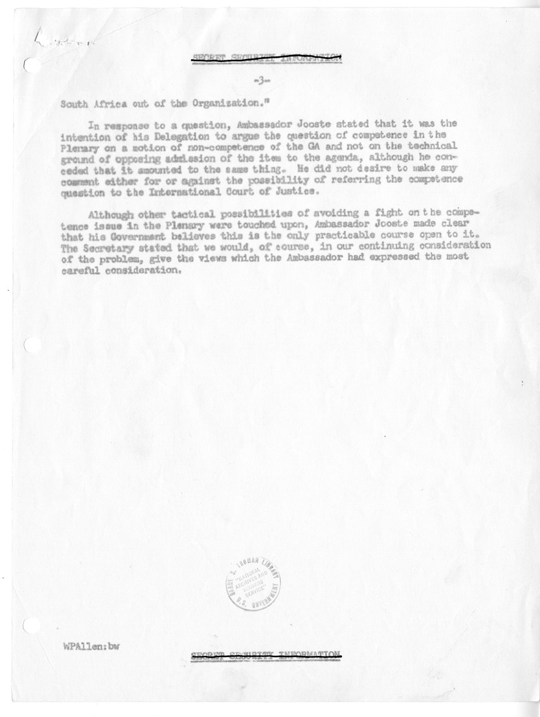 Memorandum of Conversation with Ambassador G. P. Jooste of South Africa, Ambassador at Large Ernest Gross, and Ward P. Allen