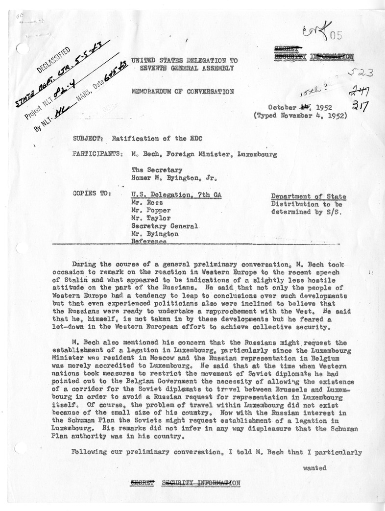 Memorandum of Conversation with Foreign Minister Joseph Bech of Luxembourg and Homer M. Byington, Jr.