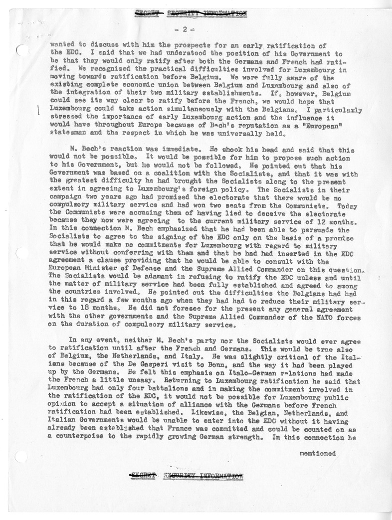 Memorandum of Conversation with Foreign Minister Joseph Bech of Luxembourg and Homer M. Byington, Jr.