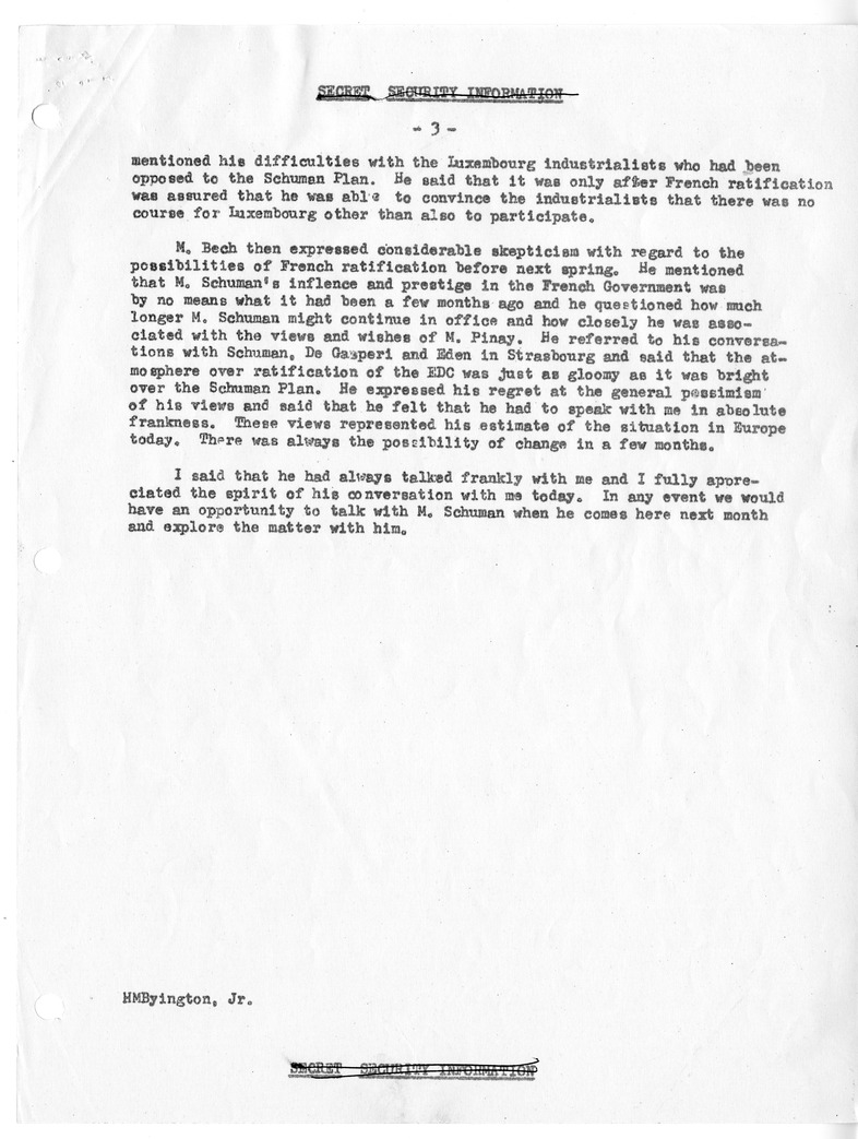 Memorandum of Conversation with Foreign Minister Joseph Bech of Luxembourg and Homer M. Byington, Jr.