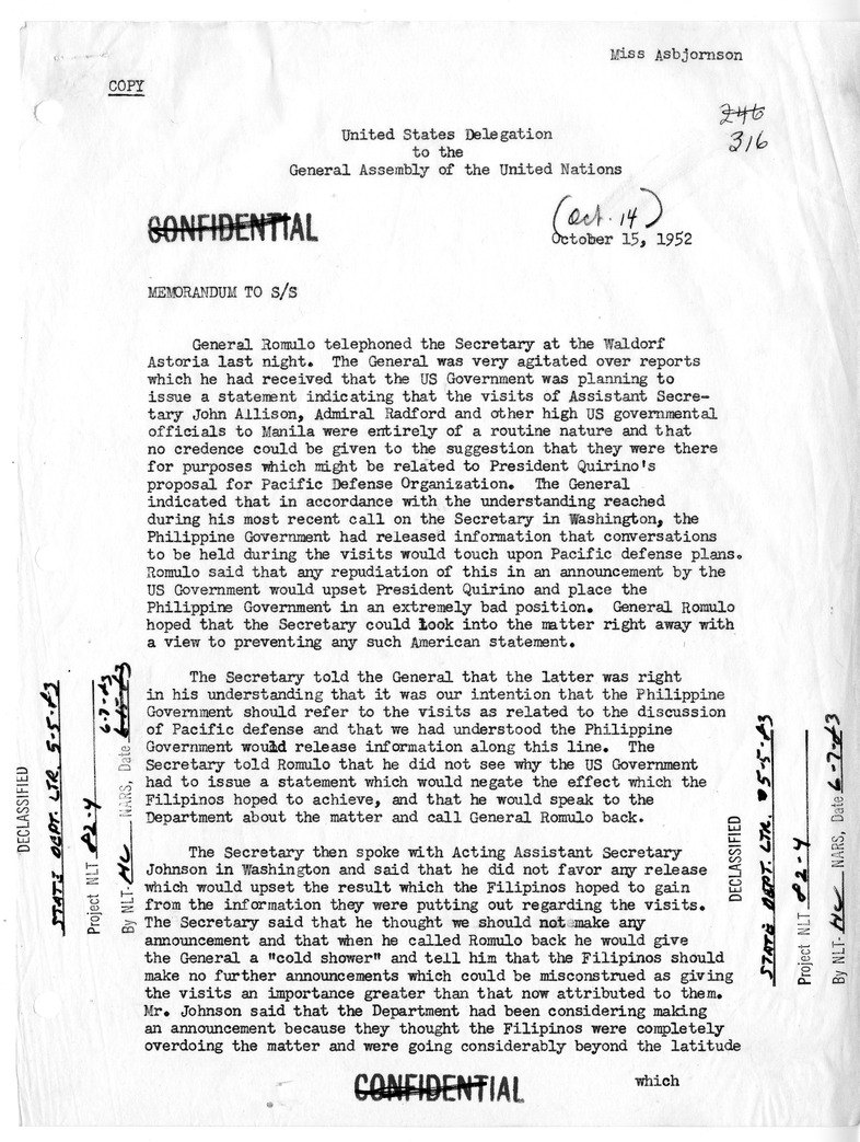 Memorandum of Conversation with Foreign Affairs Secretary Carlos Romulo of the Philippines