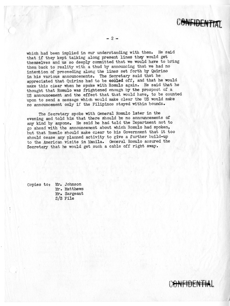 Memorandum of Conversation with Foreign Affairs Secretary Carlos Romulo of the Philippines