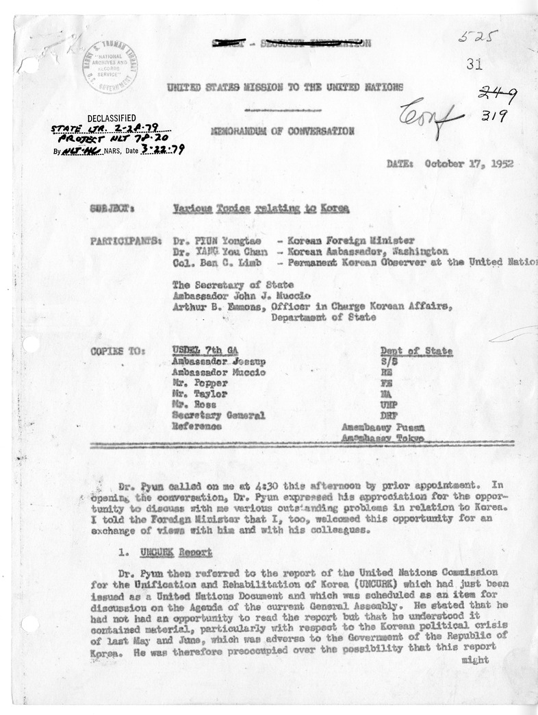 Memorandum of Conversation with Foreign Minister Dr. Pyun Yongtee of Korea; Ambassador Dr. Yang You Chan of Korea to the United States; Colonel Ben C. Limb, Permanent Korean Observer at the United Nations; United States Ambasador to Korea John J. Muccio; 
