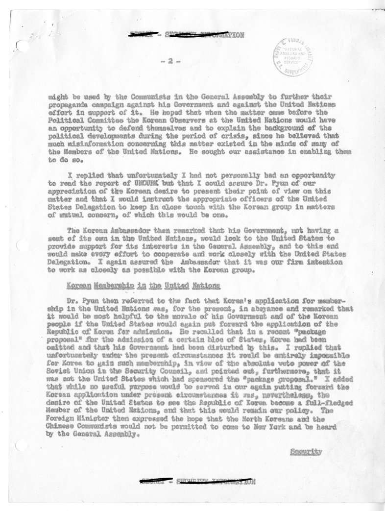 Memorandum of Conversation with Foreign Minister Dr. Pyun Yongtee of Korea; Ambassador Dr. Yang You Chan of Korea to the United States; Colonel Ben C. Limb, Permanent Korean Observer at the United Nations; United States Ambasador to Korea John J. Muccio; 
