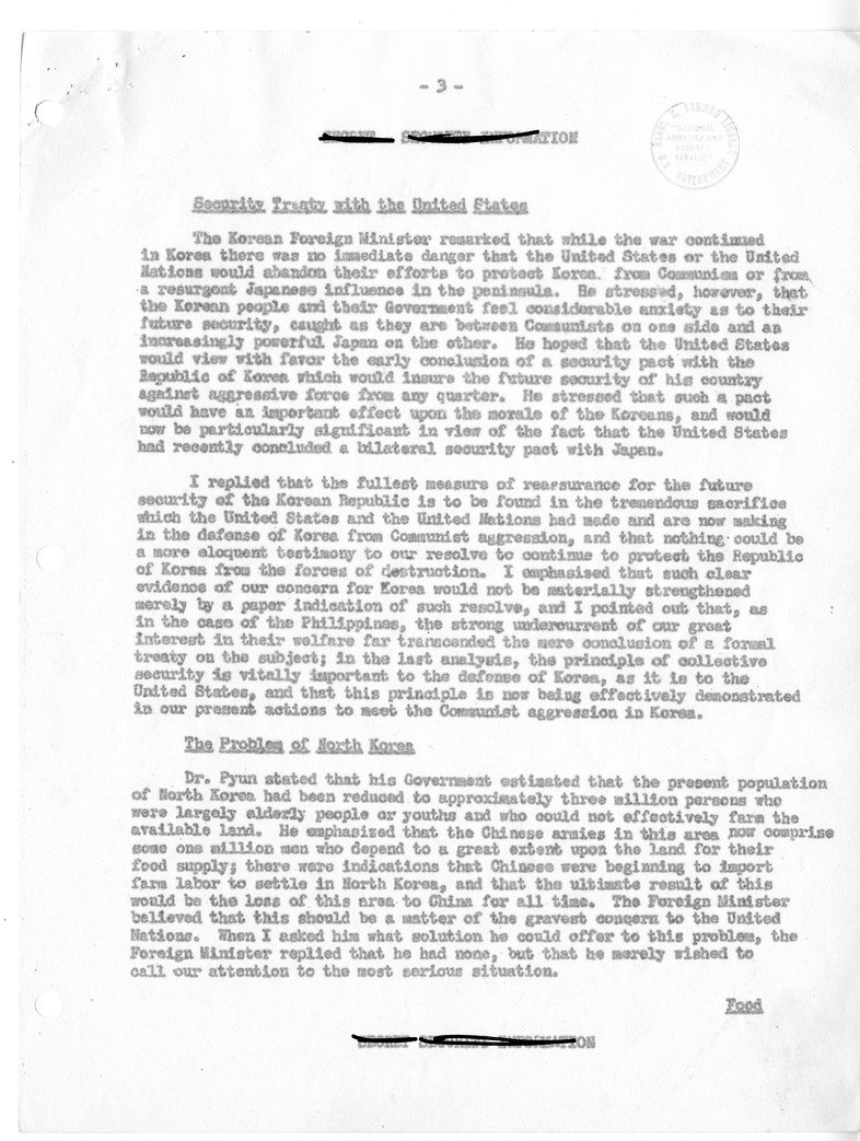 Memorandum of Conversation with Foreign Minister Dr. Pyun Yongtee of Korea; Ambassador Dr. Yang You Chan of Korea to the United States; Colonel Ben C. Limb, Permanent Korean Observer at the United Nations; United States Ambasador to Korea John J. Muccio; 