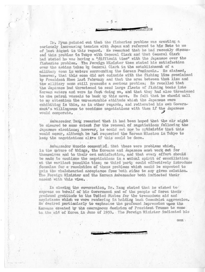 Memorandum of Conversation with Foreign Minister Dr. Pyun Yongtee of Korea; Ambassador Dr. Yang You Chan of Korea to the United States; Colonel Ben C. Limb, Permanent Korean Observer at the United Nations; United States Ambasador to Korea John J. Muccio; 