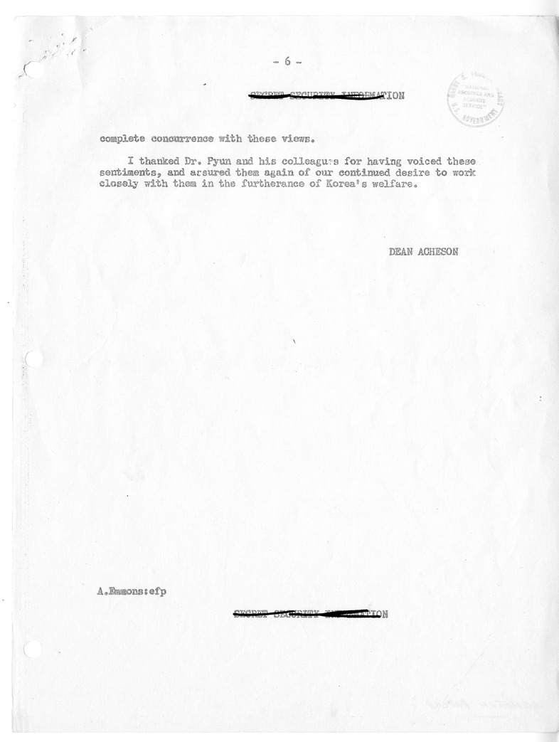 Memorandum of Conversation with Foreign Minister Dr. Pyun Yongtee of Korea; Ambassador Dr. Yang You Chan of Korea to the United States; Colonel Ben C. Limb, Permanent Korean Observer at the United Nations; United States Ambasador to Korea John J. Muccio; 