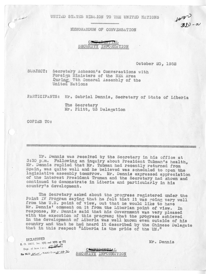 Memorandum of Conversation with Secretary of State Gabriel Dennis of Liberia and Edwin A. Plitt