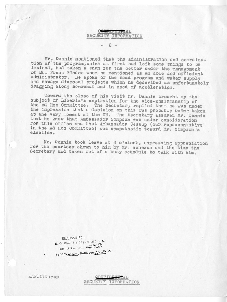 Memorandum of Conversation with Secretary of State Gabriel Dennis of Liberia and Edwin A. Plitt