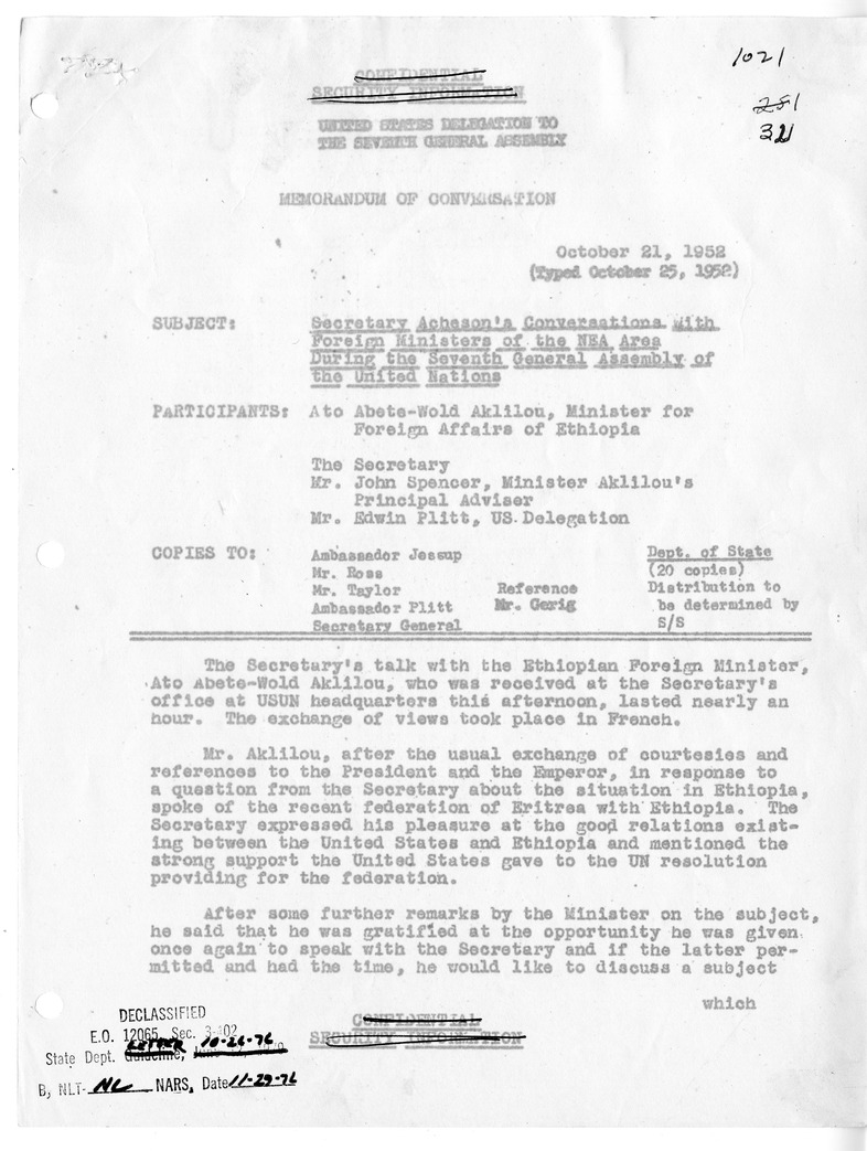 Memorandum of Conversation with Foreign Minister Ato Abete-Wold Aklilou of Ethiopia, John Spencer, and Edwin Plitt