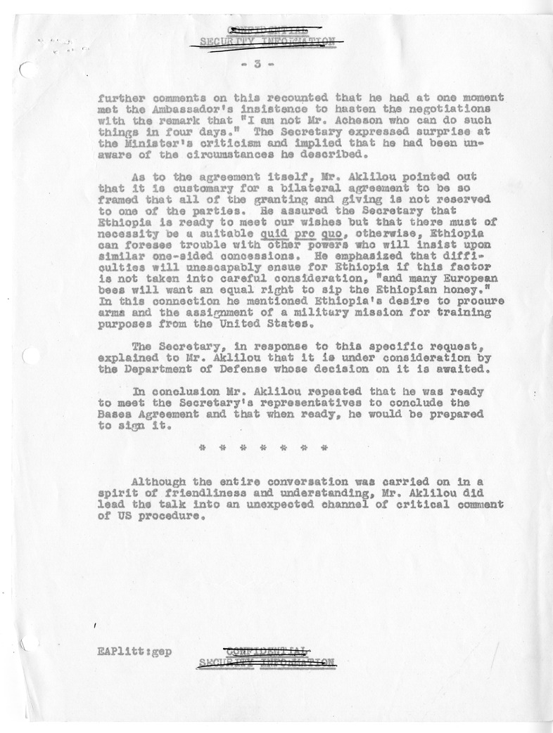 Memorandum of Conversation with Foreign Minister Ato Abete-Wold Aklilou of Ethiopia, John Spencer, and Edwin Plitt