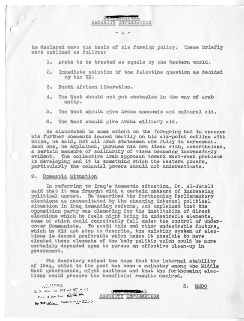 Memorandum of Conversation with Minister of Foreign Affairs Mohamad Fadil Jamali of Iraq and Edwin A. Plitt