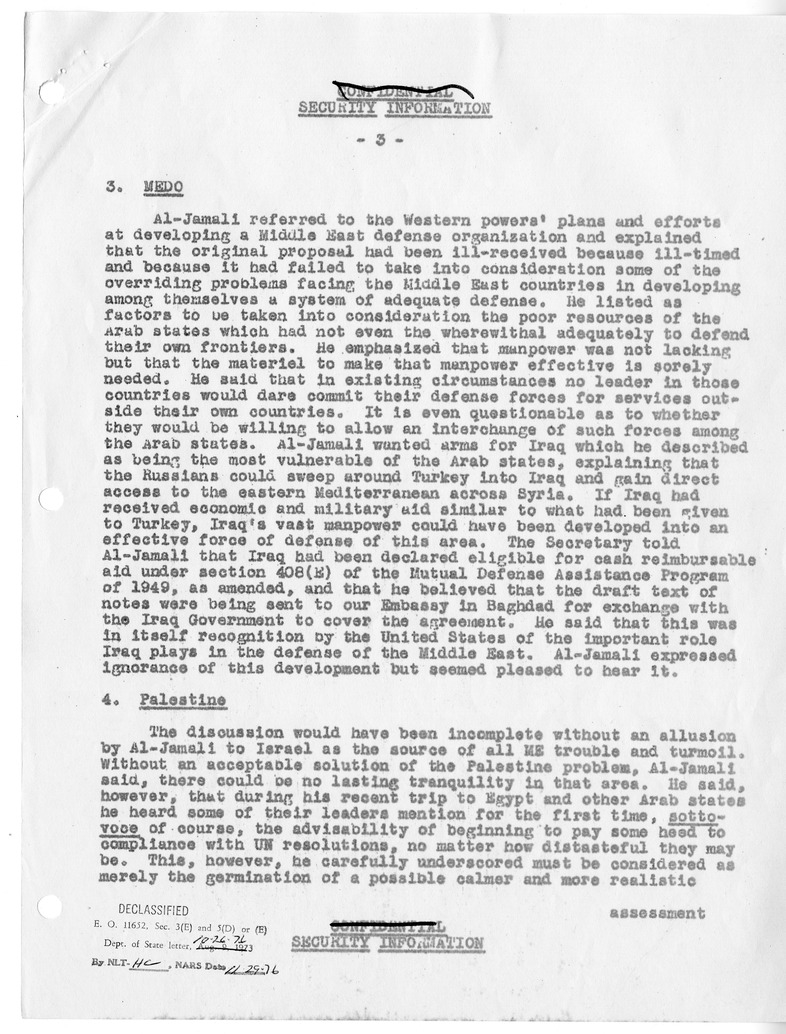 Memorandum of Conversation with Minister of Foreign Affairs Mohamad Fadil Jamali of Iraq and Edwin A. Plitt