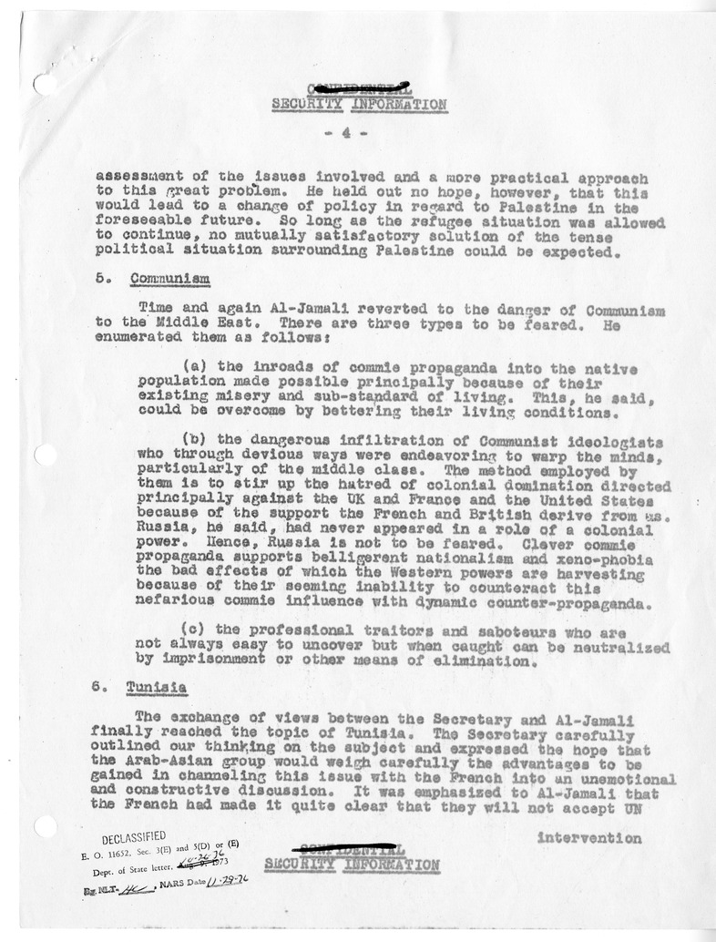Memorandum of Conversation with Minister of Foreign Affairs Mohamad Fadil Jamali of Iraq and Edwin A. Plitt