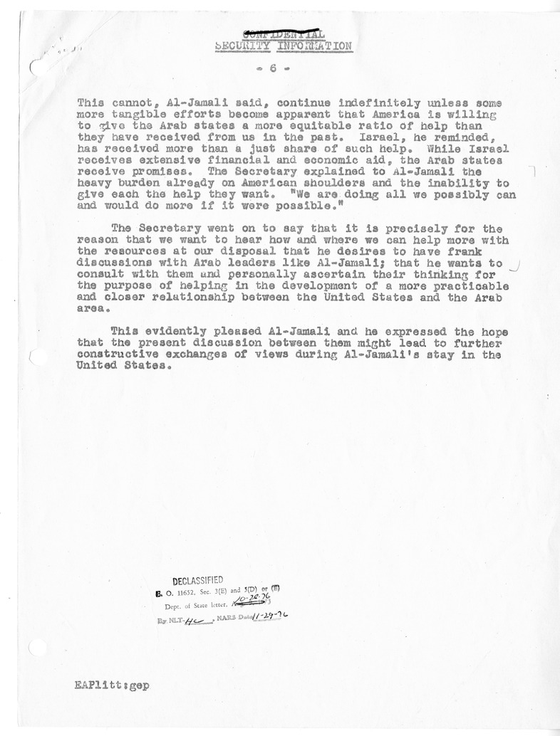 Memorandum of Conversation with Minister of Foreign Affairs Mohamad Fadil Jamali of Iraq and Edwin A. Plitt