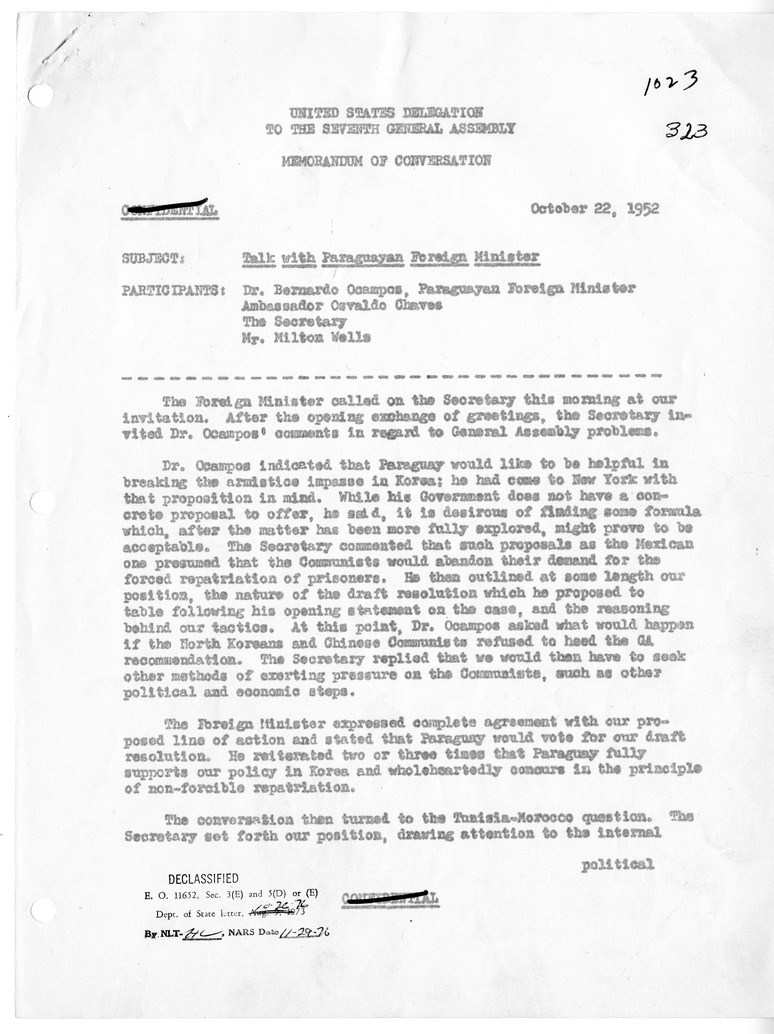 Memorandum of Conversation with Foreign Minister Dr. Bernardo Ocampos of Paraguay; Ambassador Osvaldo Chaves of Paraguay; and Milton Wells