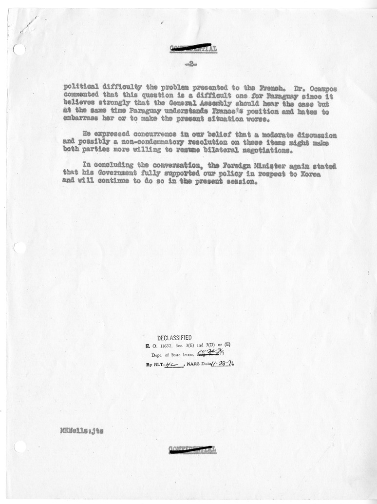 Memorandum of Conversation with Foreign Minister Dr. Bernardo Ocampos of Paraguay; Ambassador Osvaldo Chaves of Paraguay; and Milton Wells