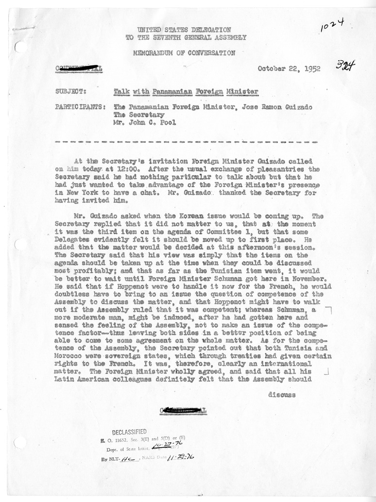 Memorandum of Conversation with Foreign Minister Jose Ramon Guizado of Panama and John C. Pool