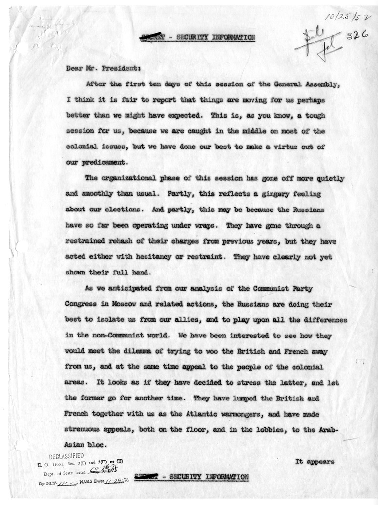 Letter from Secretary of State Dean Acheson to President Harry S. Truman
