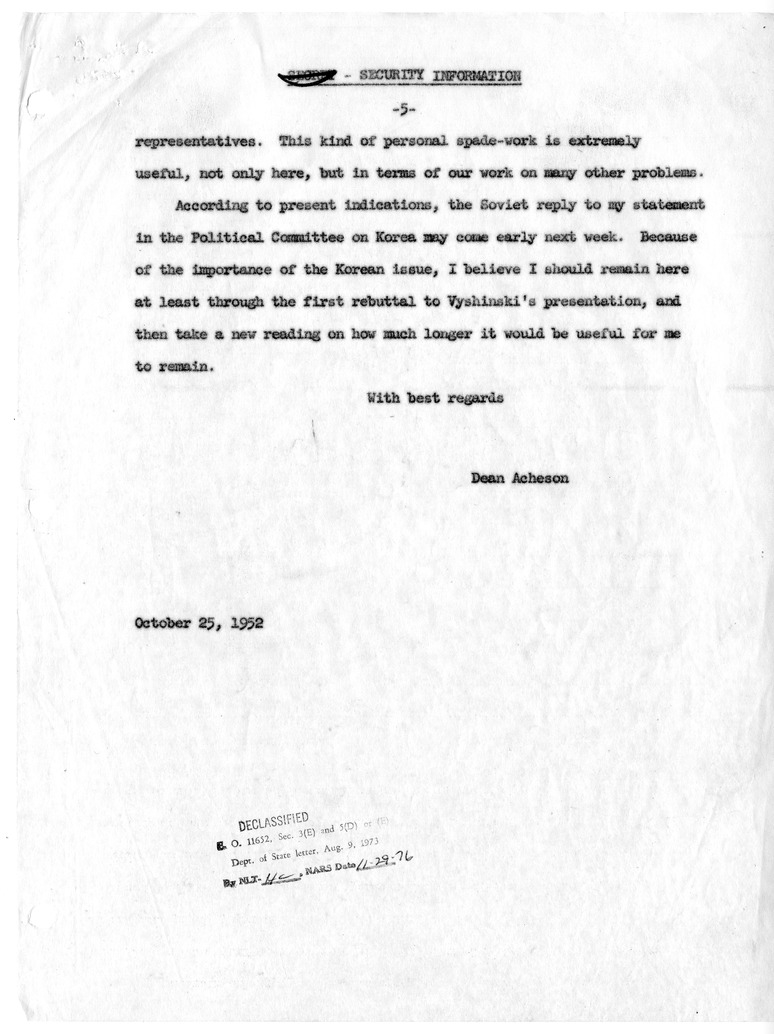 Letter from Secretary of State Dean Acheson to President Harry S. Truman