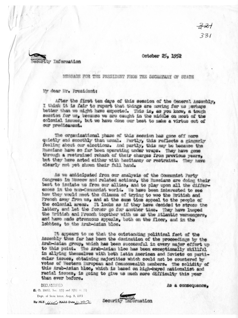 Letter from Secretary of State Dean Acheson to President Harry S. Truman