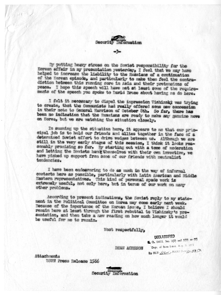 Letter from Secretary of State Dean Acheson to President Harry S. Truman