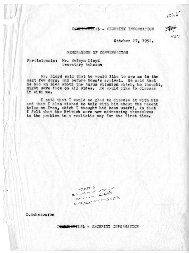 Memorandum of Conversation with Minister of State Selwyn Lloyd of Great Britain
