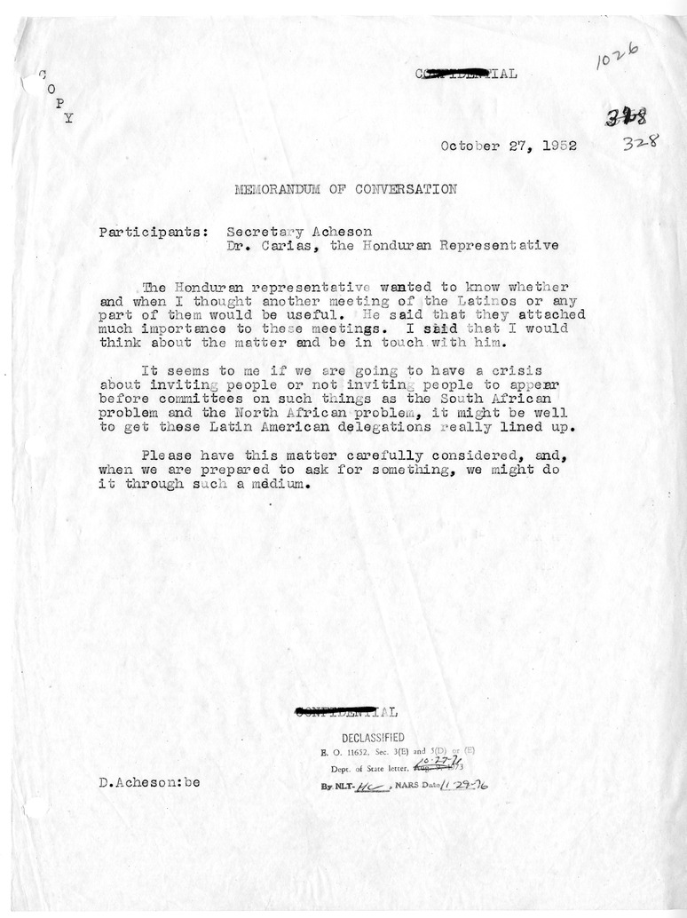 Memorandum of Conversation with Tiburcio Carias of Honduras