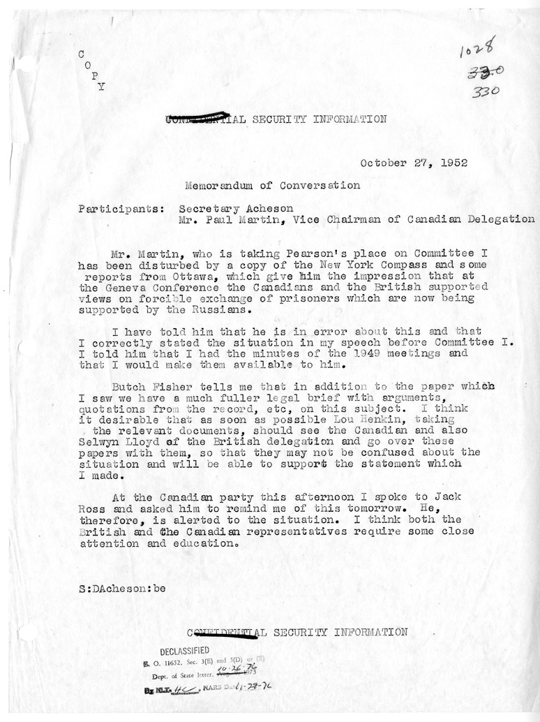 Memorandum of Conversation with Paul Martin, Vice Chairman of Delegation from Canada