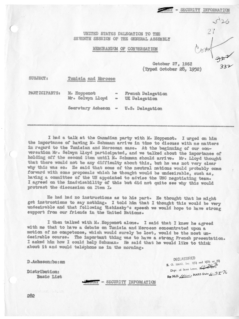 Memorandum of Conversation with Henri Hoppenot of the Delegation from France and Minister of State for Foreign Affairs Selwyn Lloyd of Great Britain