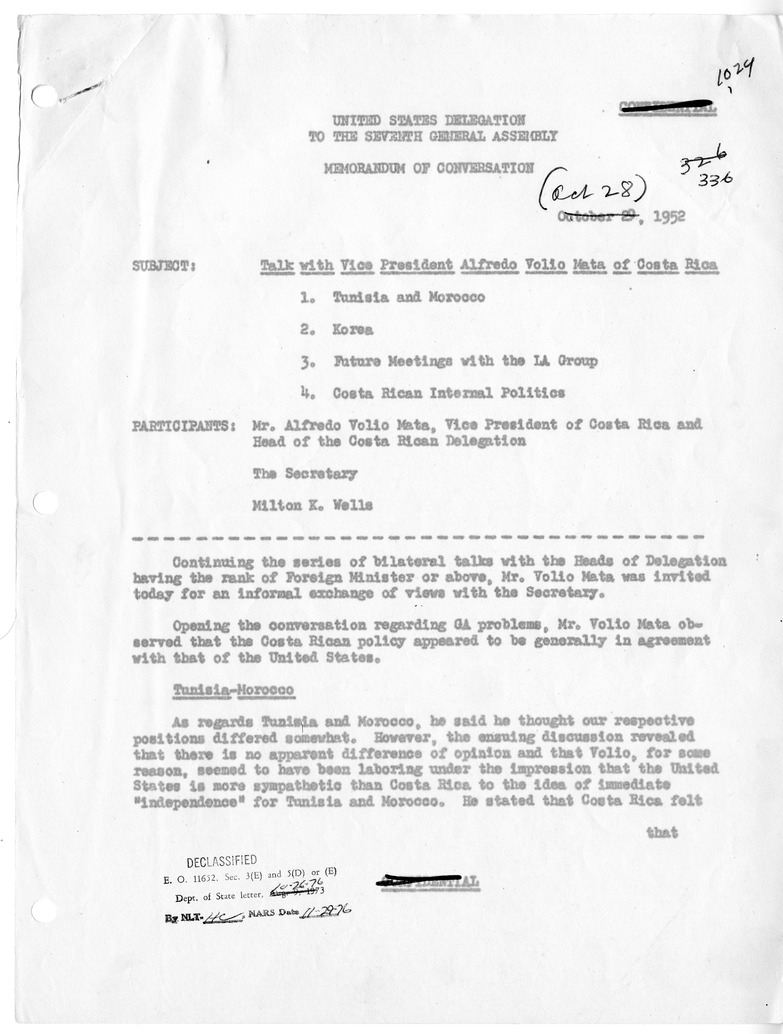 Memorandum of Conversation with Vice President Alfredo Volio Mata of Costa Rica and Milton K. Wells