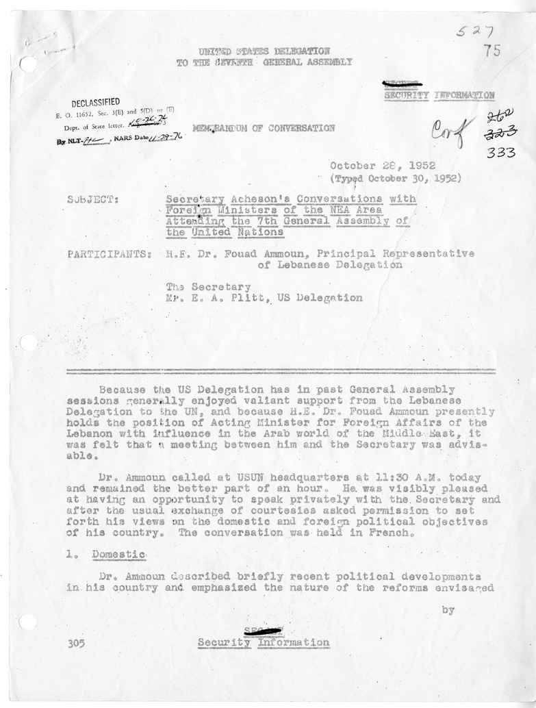 Memorandum of Conversation with Principal Representative Dr. Fouad Ammoun of the Delegation of Lebanon and Edwin A. Plitt