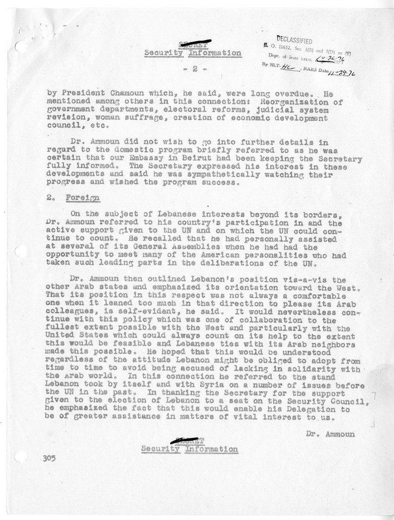 Memorandum of Conversation with Principal Representative Dr. Fouad Ammoun of the Delegation of Lebanon and Edwin A. Plitt