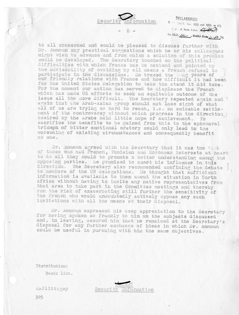 Memorandum of Conversation with Principal Representative Dr. Fouad Ammoun of the Delegation of Lebanon and Edwin A. Plitt