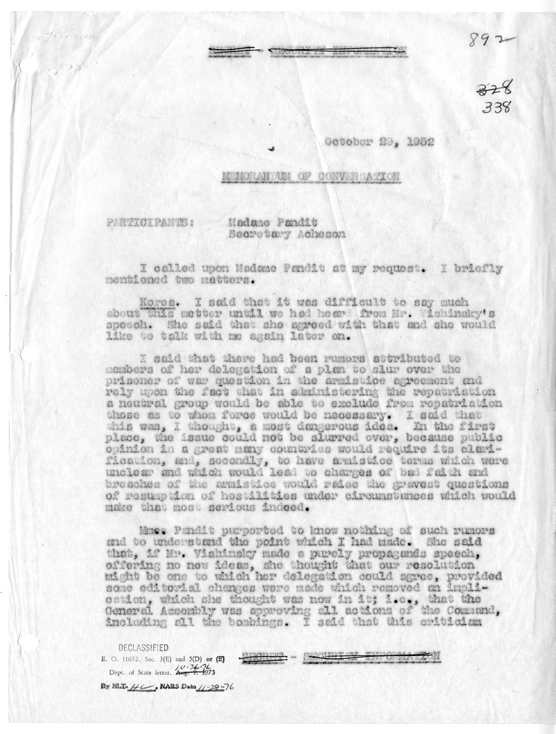 Memorandum of Conversation Madame Vijaya Lakshmi Pandit of India