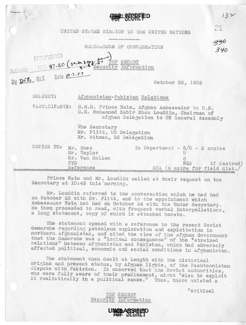 Memorandum of Conversation with Ambassador H.R.H. Prince Naim of Afghanistan, Chairman Mohammed Kabir Khan Louddin of the Afghan Delegation to the United Nations, Edwin Plitt, and William Witman, with Attachment