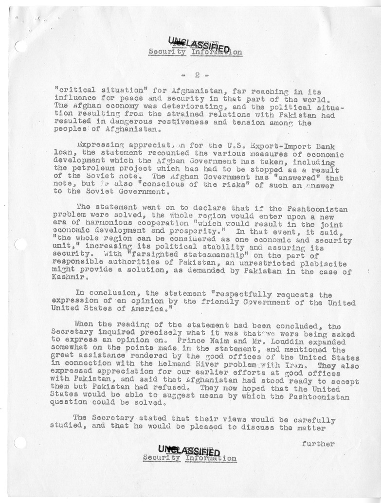 Memorandum of Conversation with Ambassador H.R.H. Prince Naim of Afghanistan, Chairman Mohammed Kabir Khan Louddin of the Afghan Delegation to the United Nations, Edwin Plitt, and William Witman, with Attachment