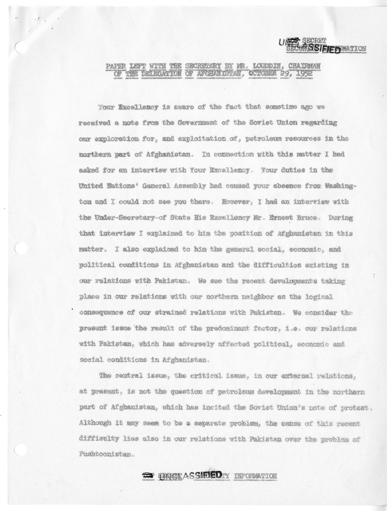 Memorandum of Conversation with Ambassador H.R.H. Prince Naim of Afghanistan, Chairman Mohammed Kabir Khan Louddin of the Afghan Delegation to the United Nations, Edwin Plitt, and William Witman, with Attachment