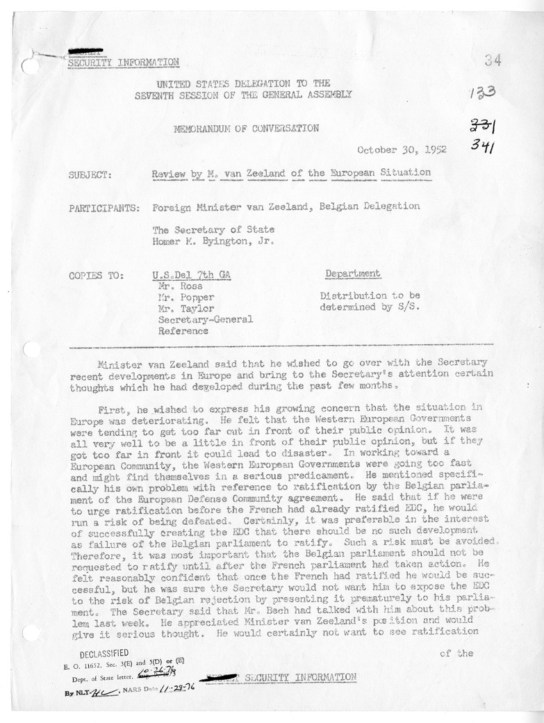 Memorandum of Conversation with Foreign Minister Paul van Zeeland of Belgium and Homer K. Byington, Jr.