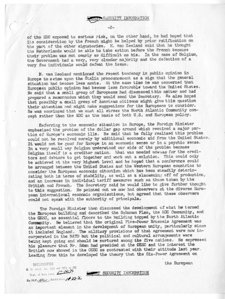 Memorandum of Conversation with Foreign Minister Paul van Zeeland of Belgium and Homer K. Byington, Jr.