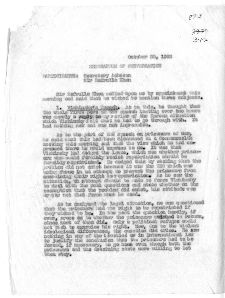 Memorandum of Conversation with Ambassador  Sir Zafrulla Khan of Pakistan