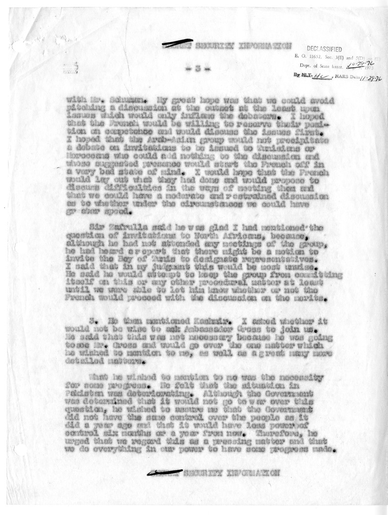 Memorandum of Conversation with Ambassador  Sir Zafrulla Khan of Pakistan