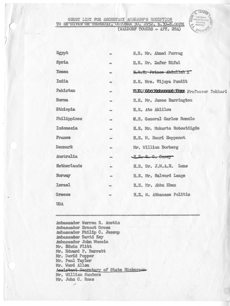 Guest List for Reception Given by Secretary of State Dean Acheson at the Waldorf Towers