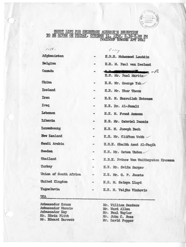 Guest List for Reception Given by Secretary of State Dean Acheson at the Waldorf Towers