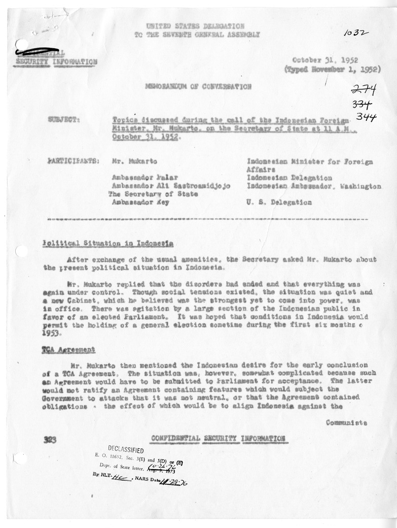 Memorandum of Conversation with Minister of Foreign Affairs Mr. Mukarto of Indonesia, Ambassador to the United Nations Mr. Palar of Indonesia, Ambassador Ali Sastroamidjojo of Indonesia, and David M. Key