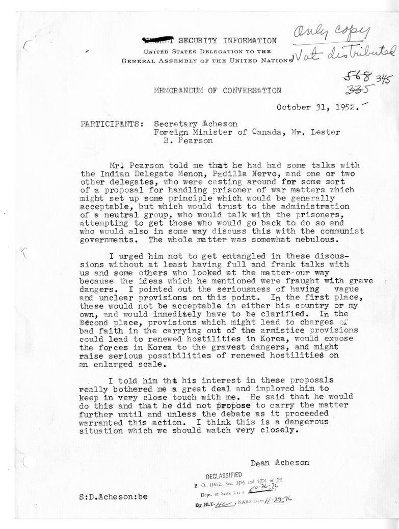 Memorandum of Conversation with Foreign Minister Lester B. Pearson of Canada