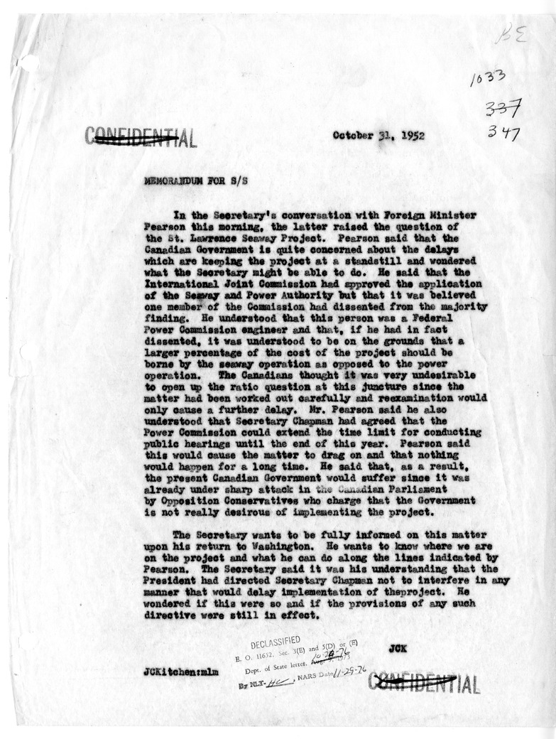 Memorandum of Conversation with Foreign Minister Lester Pearson of Canada