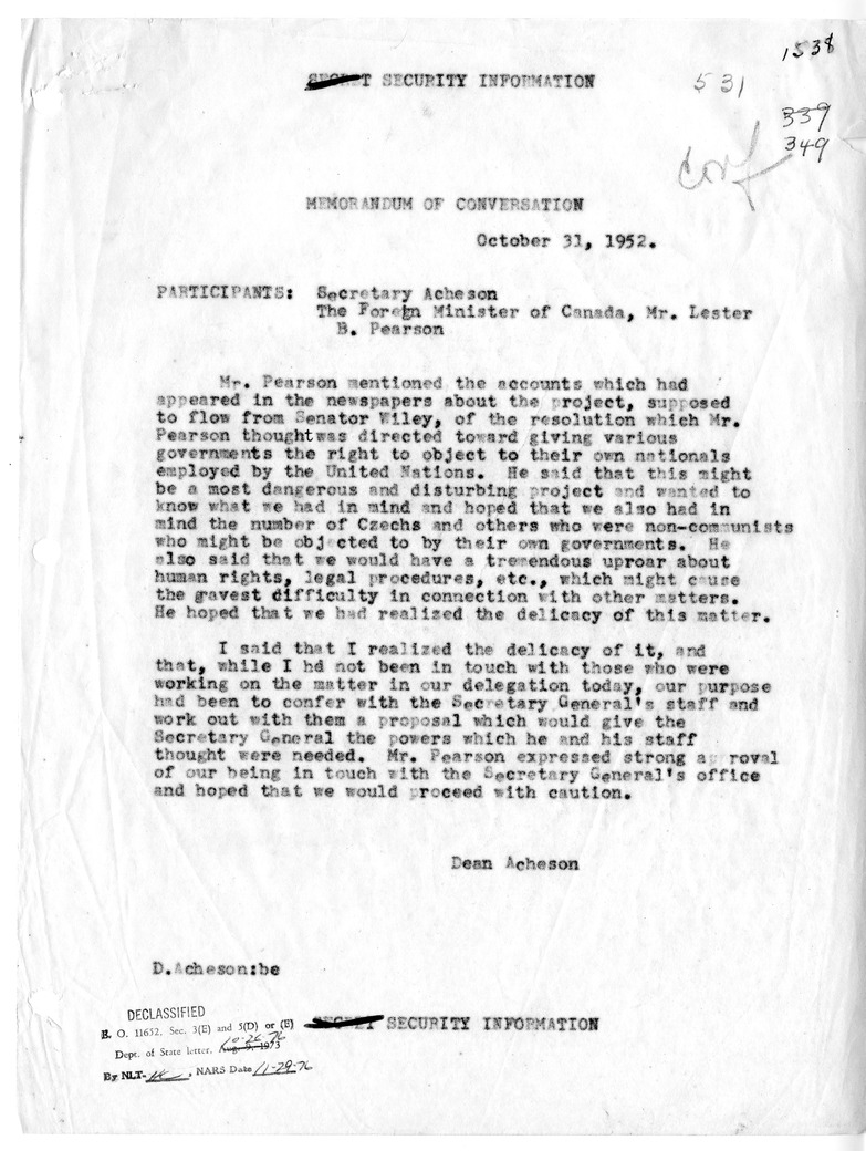 Memorandum of Conversation with Foreign Minister Lester Pearson of Canada