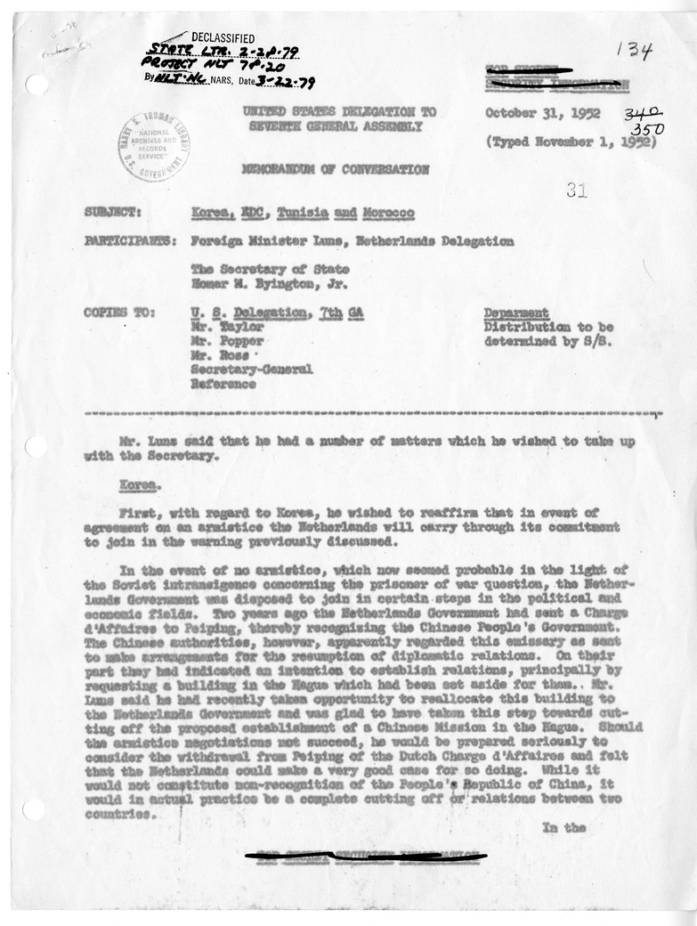 Memorandum of Conversation with Foreign Minister J. M. A. H. Luns of the Netherlands and Homer Byington
